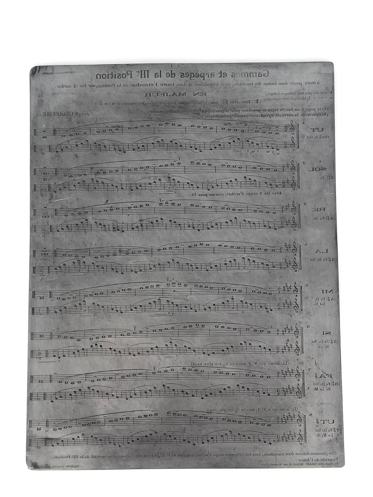 Antique French metal Music Engraving Plate violin by composer Joseph Charreire.