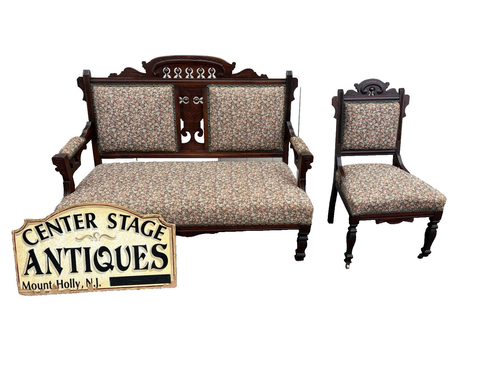 67166 Antique Eastlake Victorian Loveseat + Chair