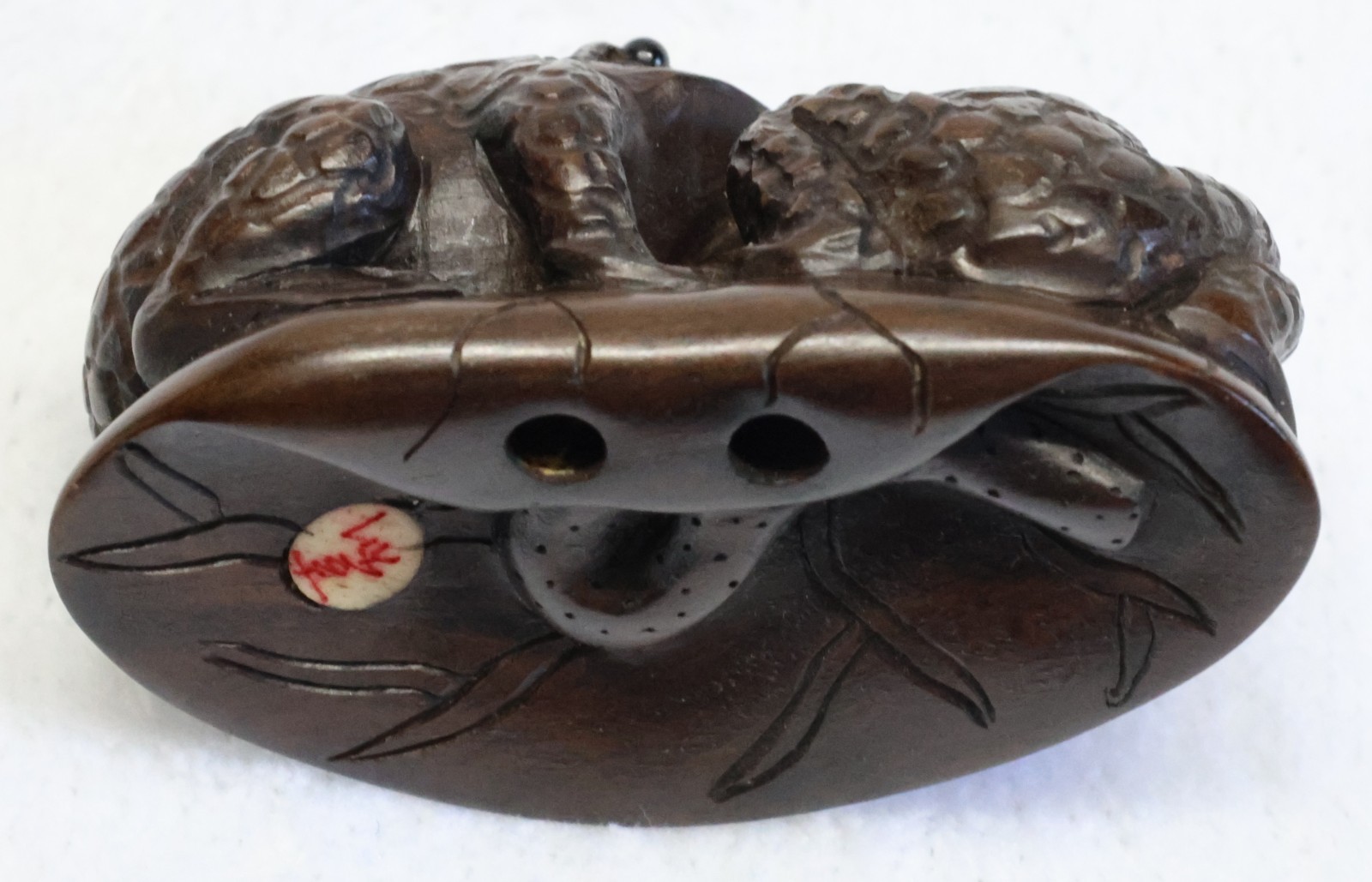 Vintage Hand Carved Wooden Pair of Toads or Frogs on Lily Pad Netsuke – Signed