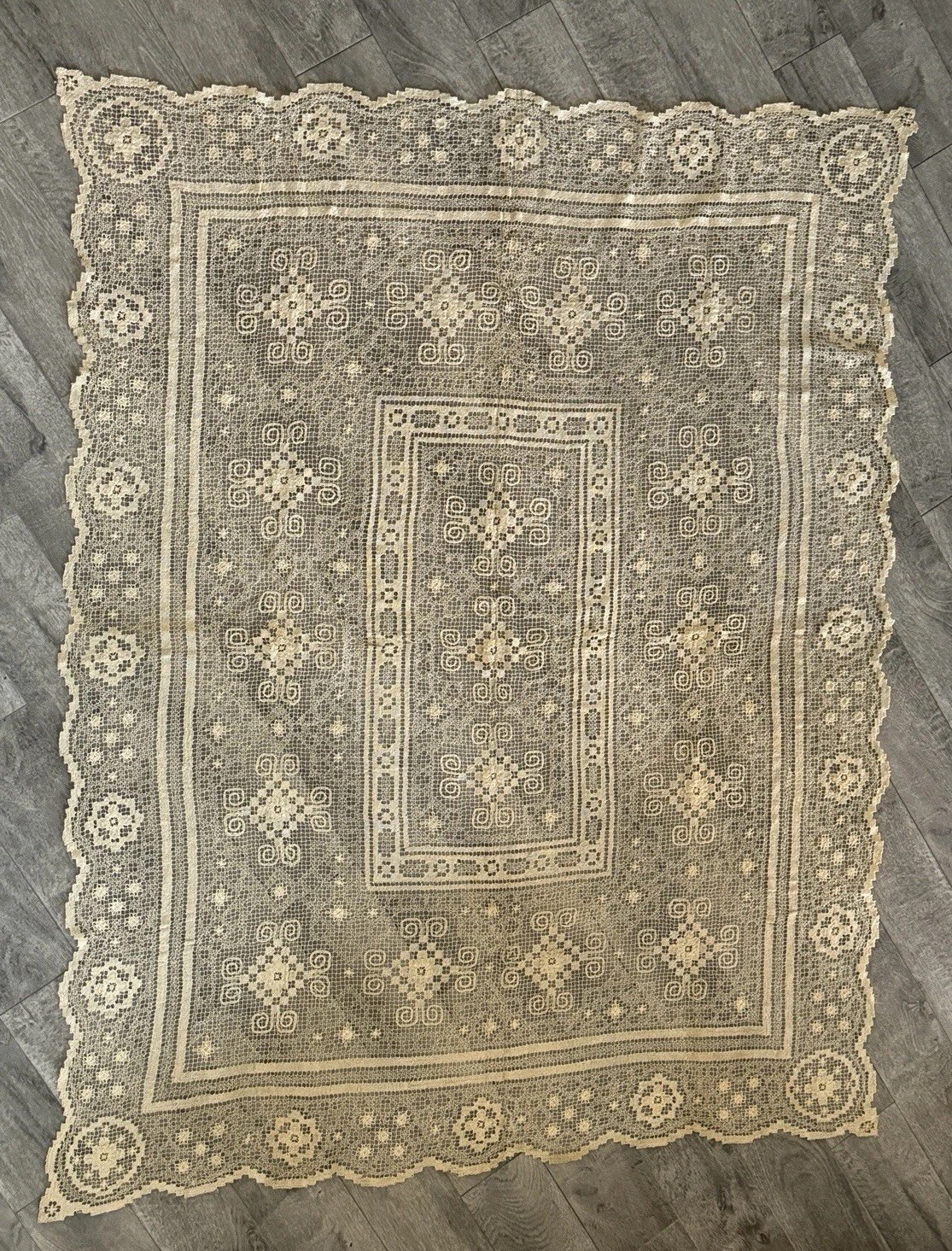 Antique Filet Lace Tablecloth 75”x60” Handworked Linen European Vintage