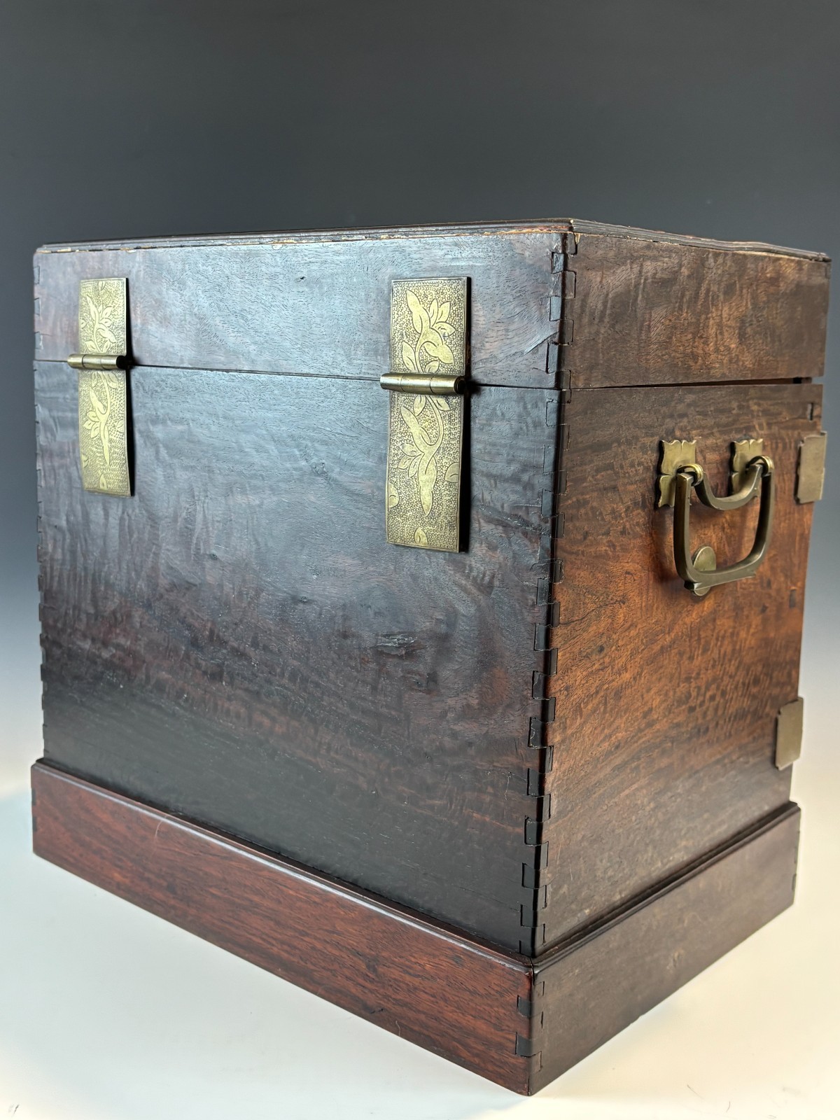 Antique Chinese Inlaid Hardwood Jewelry Cabinet c1900 w Original Bar Lock & Key