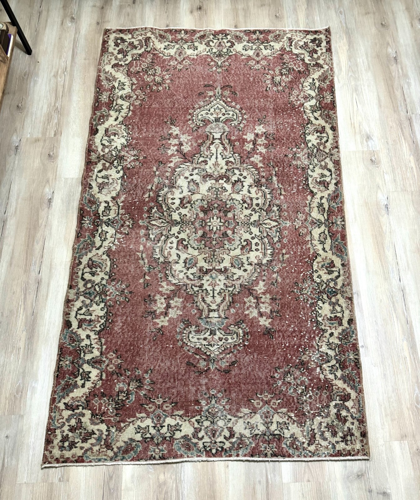 4’x7′ Handwoven Vintage Red Rug, Red & Beige, Handmade Wool Area Rug