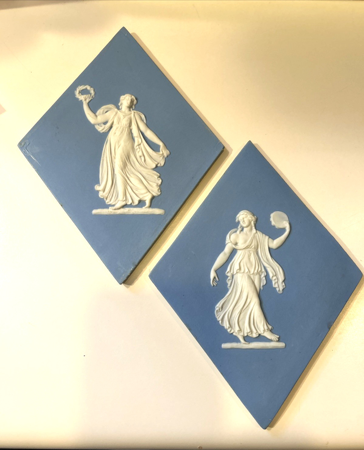 C1899 Pair WEDGWOOD DANCING HOURS JASPERWARE PLAQUES Rhomboid 7.5×5.5″ SET of 2