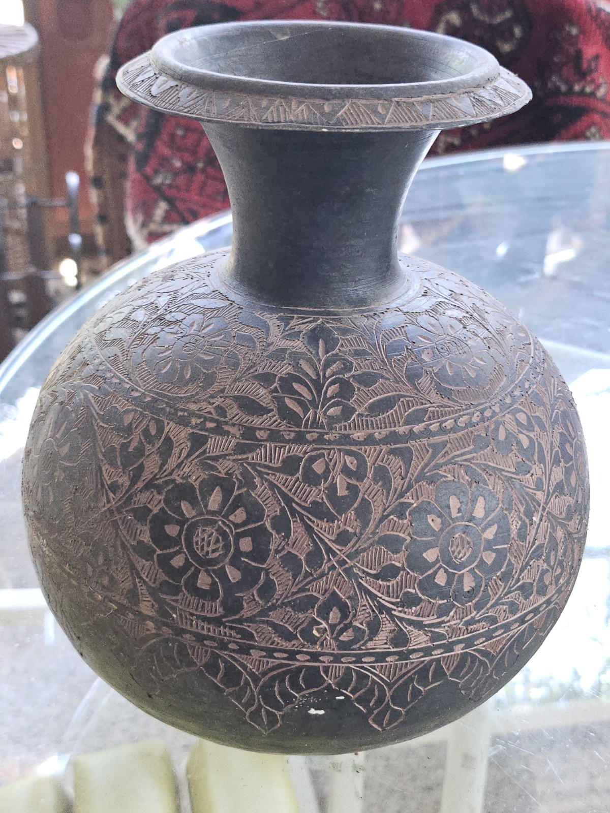 Antique Black Etched Floral Metal 8″ X 8″ Pot Vase ISLAM Water Storage Matka?