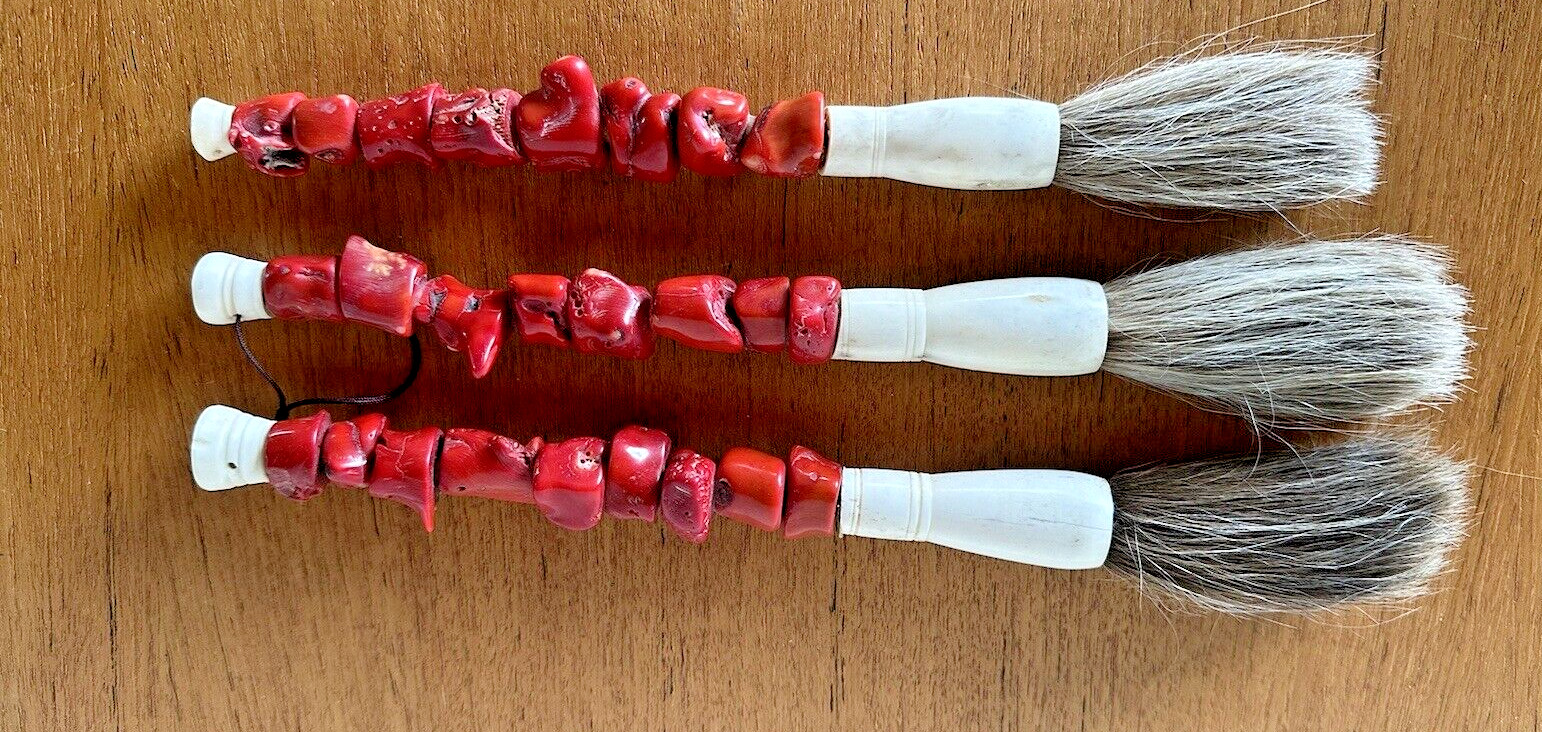 Vintage Chinese Red Coral With Horse Hair Calligraphy Brush Set Of 3