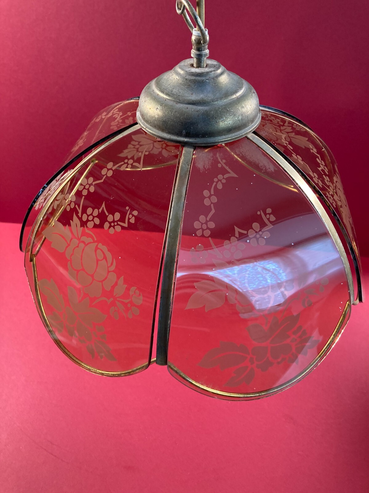 Beautiful Vintage Pendant Light Fitting with Etched Glass and Brass Hardware