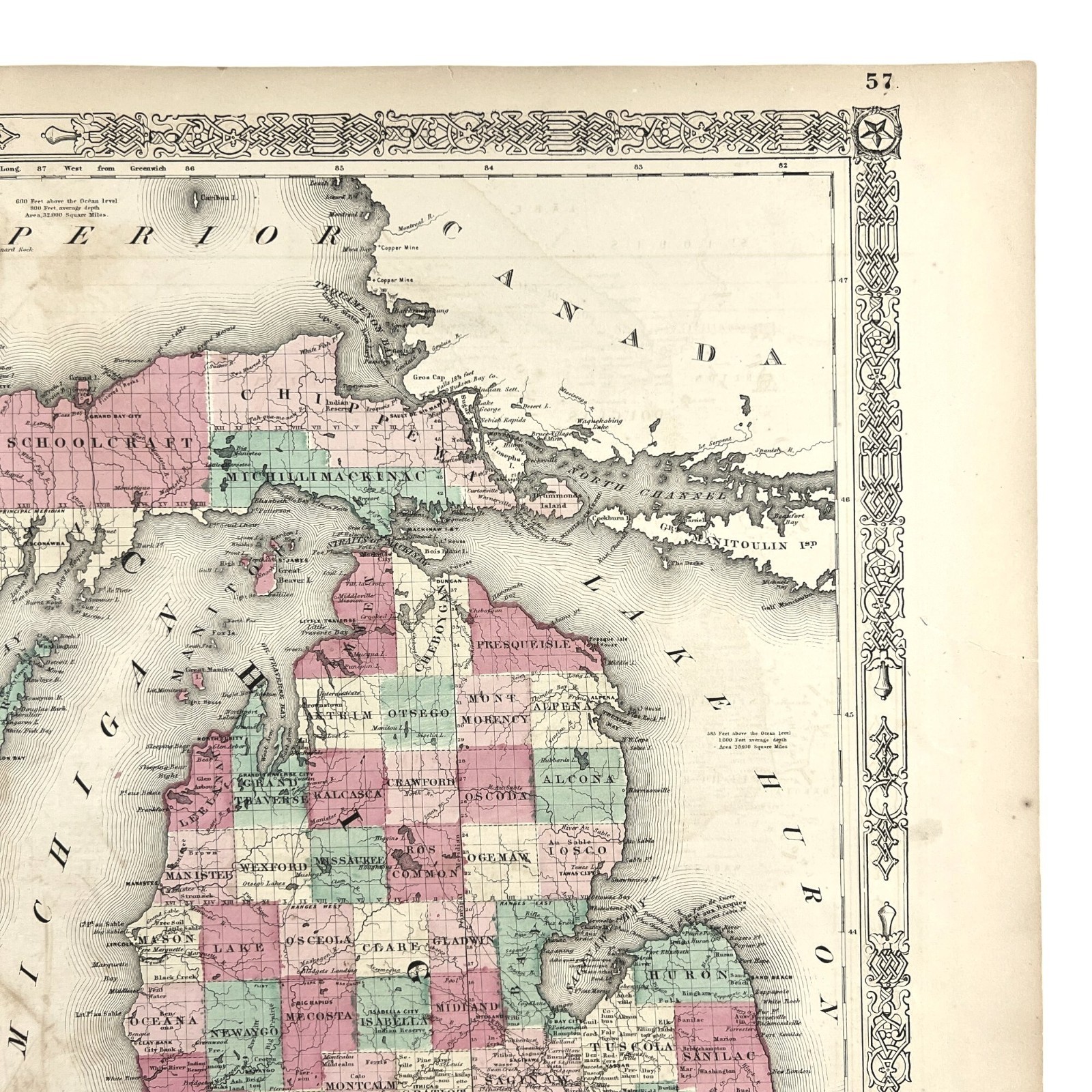 Original Antique 1864 Wisconsin Michigan Map Johnson Ward Civil War Era