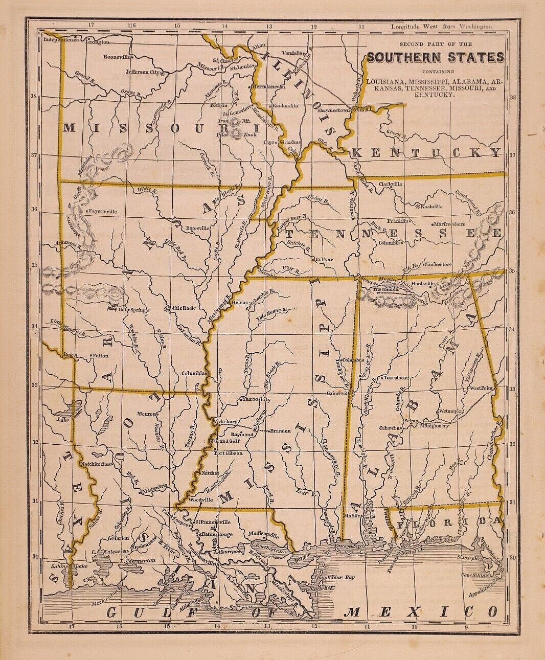 1849 Map ~ ALABAMA, MISSISSIPPI, LOUISIANA, ARKANSAS, MISSOURI (9×10)-#6