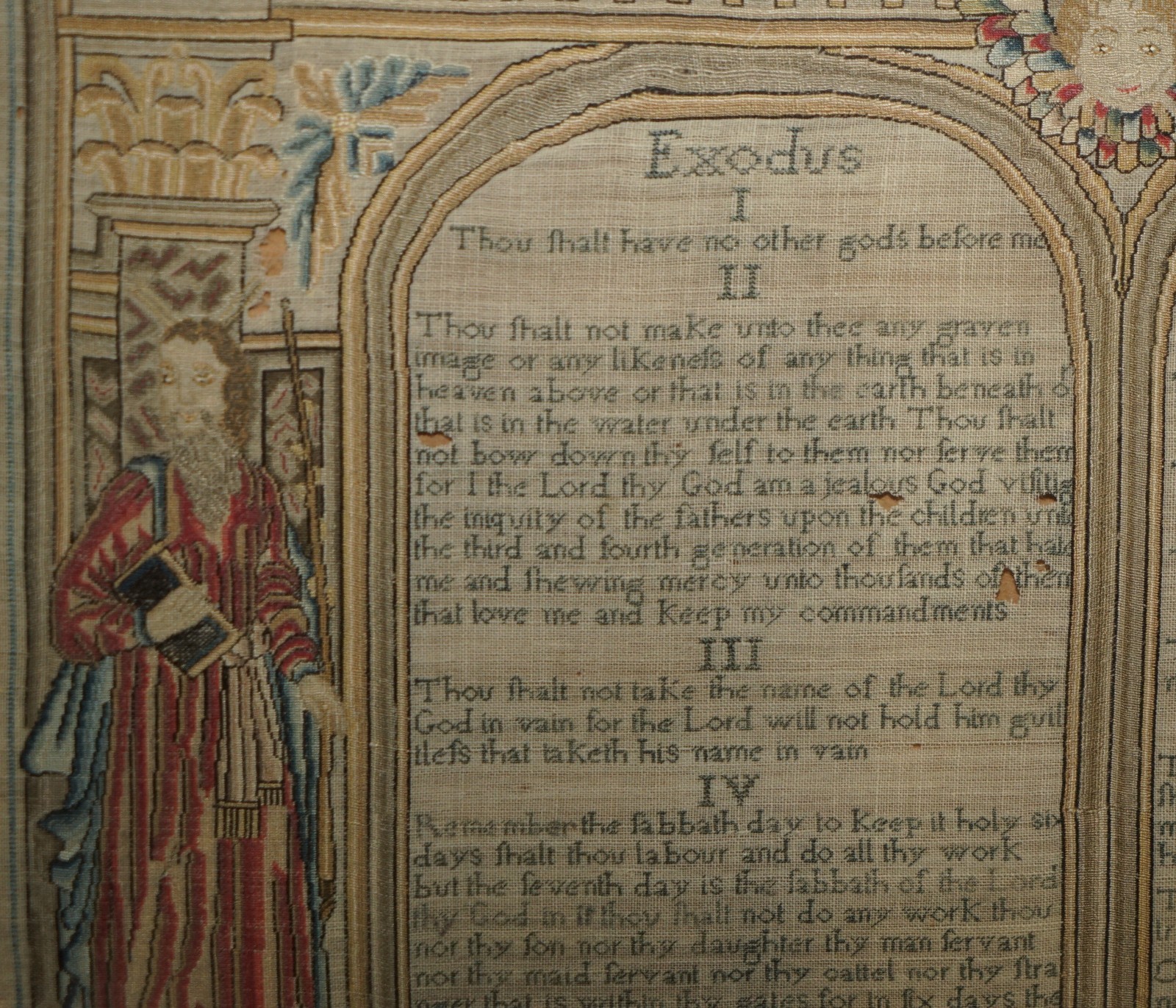IMPORTANT ANTIQUE 10 COMMANDMENTS GEORGE I 1727 NEEDLEWORK SAMPLER MARY FARRAN