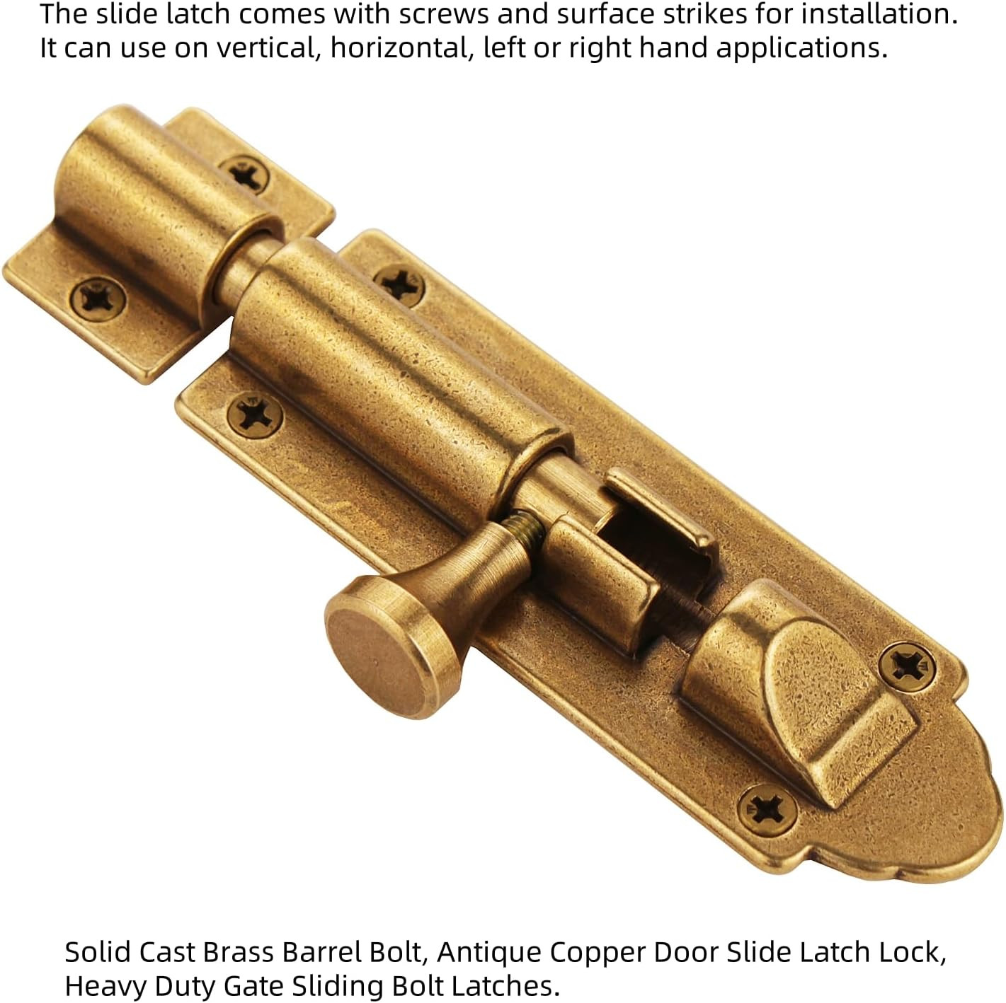 Solid Cast Brass Barrel Bolt, Antique Brass Door Slide Latch Lock, Heavy Duty Ga