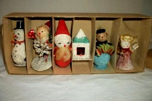 Vintage Commodore Spun Cotton Christmas Ornament Putz Set 6 Japan Original Box