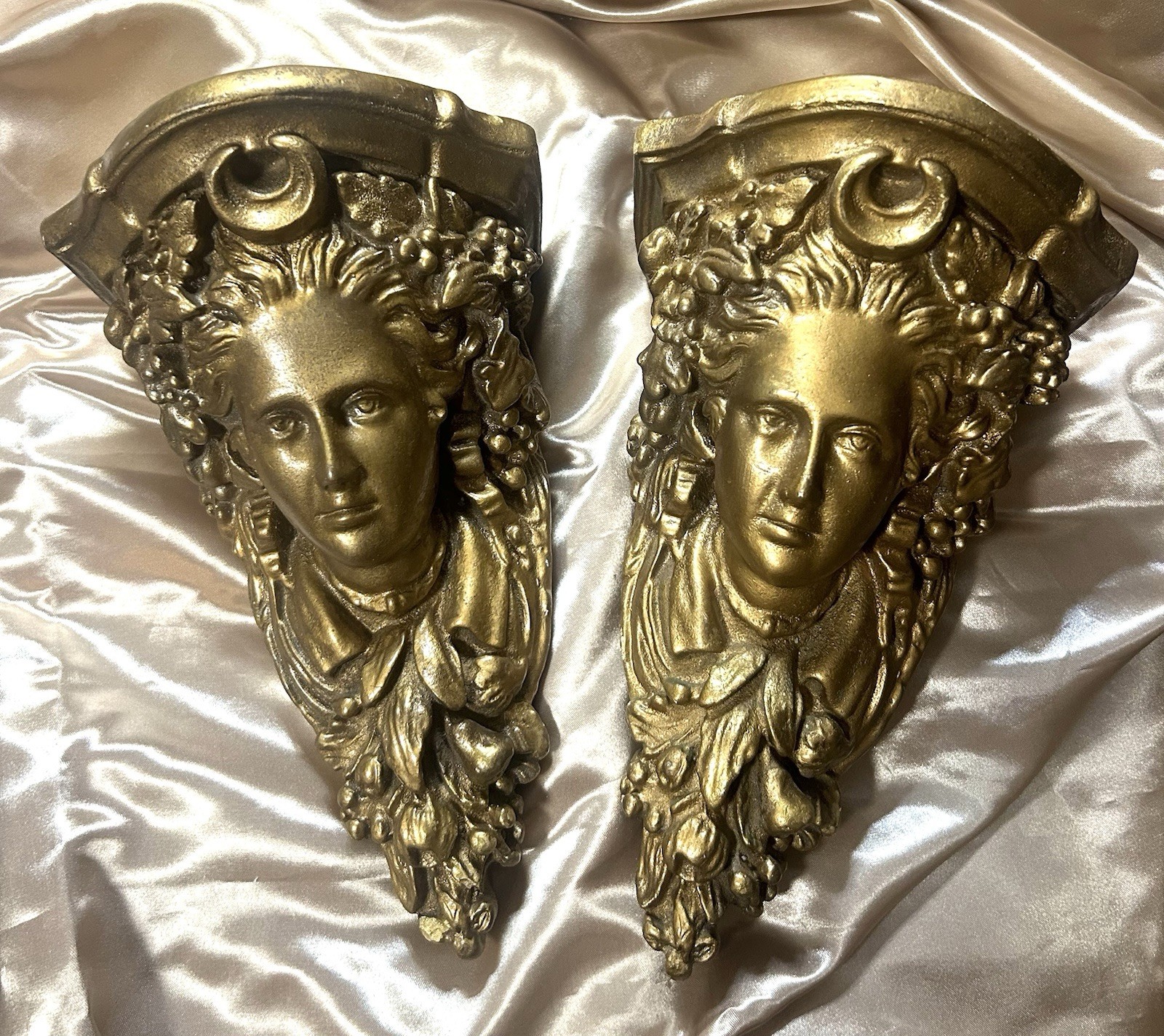 Vintage Gold Chalkware Neoclassical Maiden Wall Corbels Shelf Pair