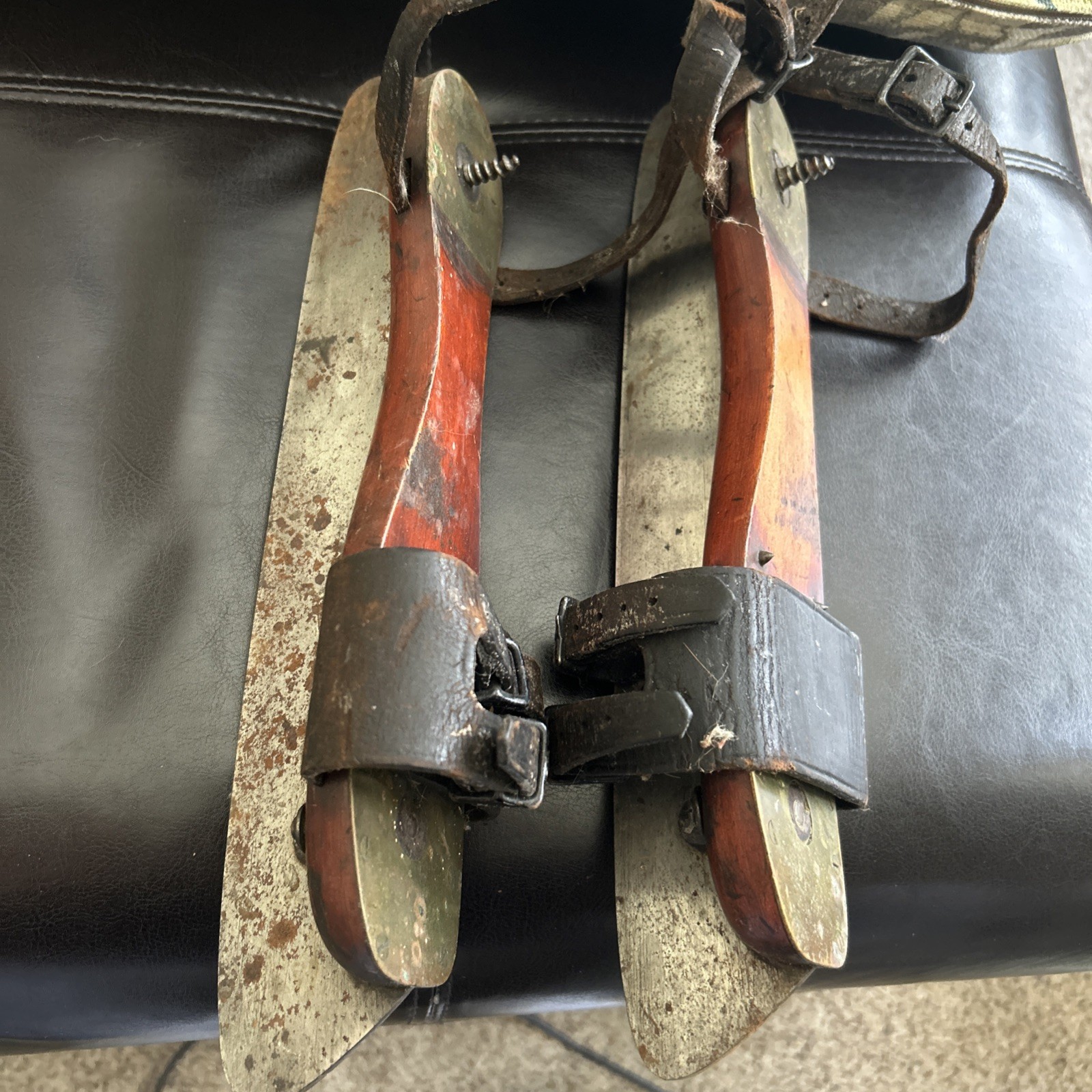 Antique Vintage 1800s Ice Skates Forged Metal Wooden Platform Leather Straps