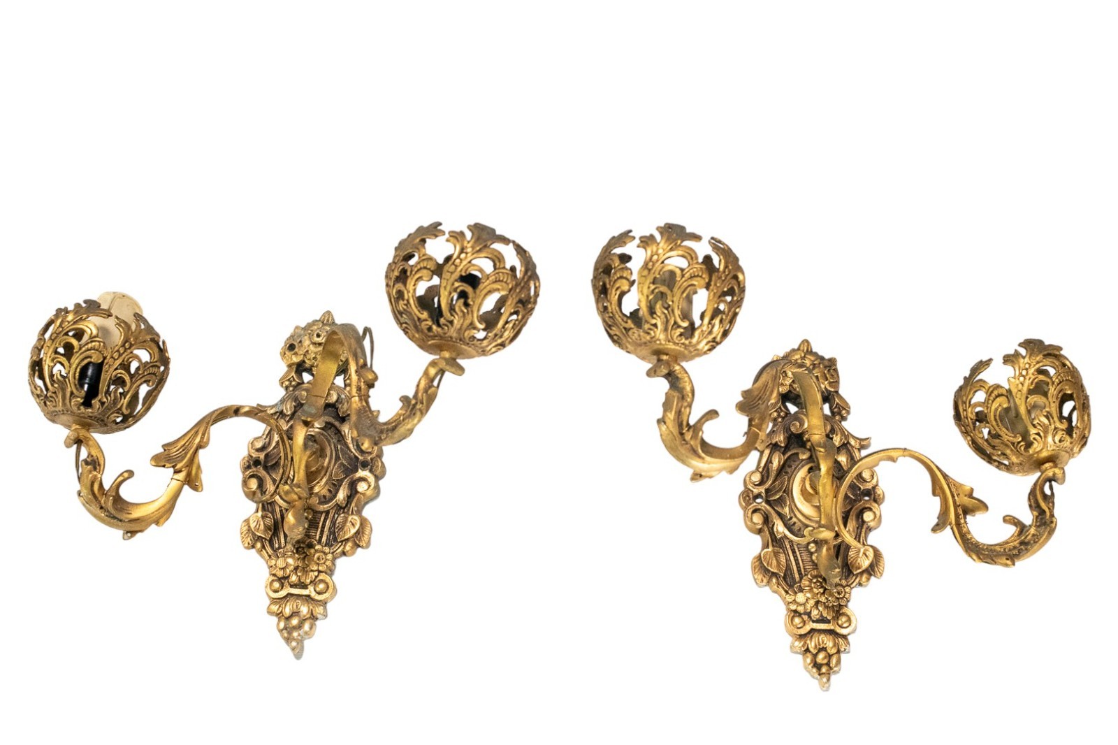 1950s Antique Italian Baroque Brass 2-Arm Wall Light Scone Lamps Set of 2