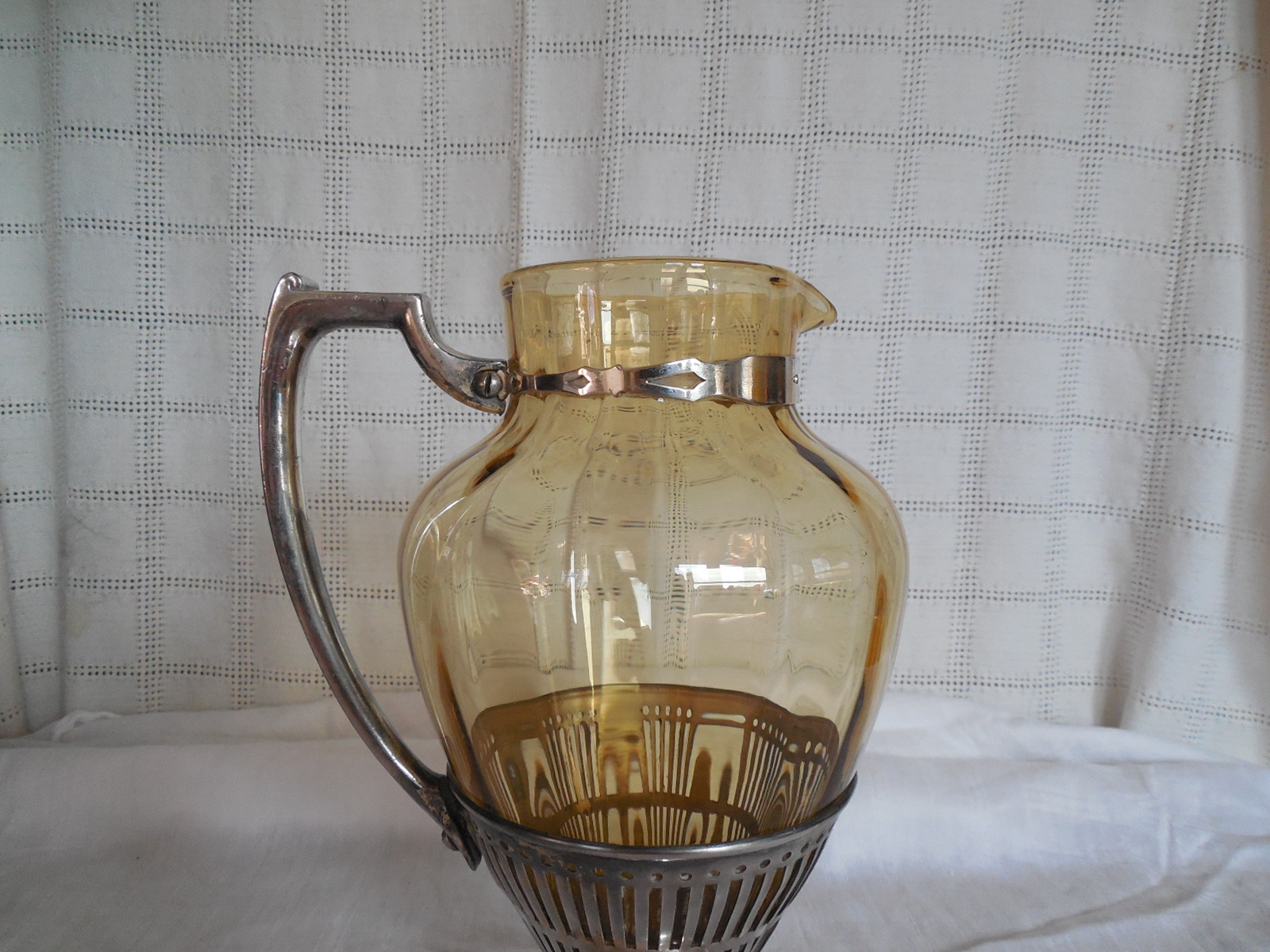 Cresent silver triple plate silver & amber glass pitcher. Lovely!
