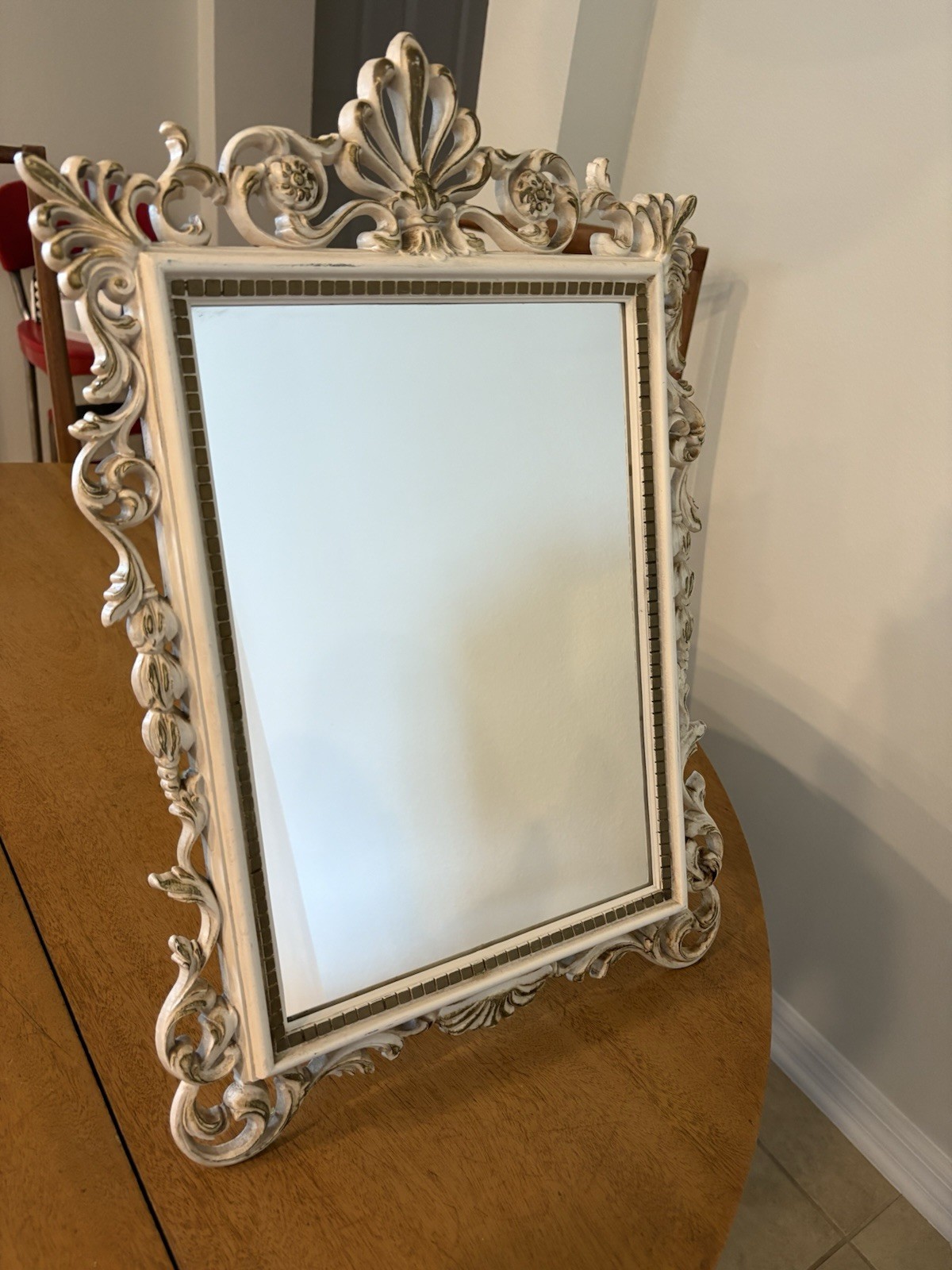 Hollywood Regency Mid Century Lg 21″ Wall or Tabletop Mirror White & Gold SYROCO