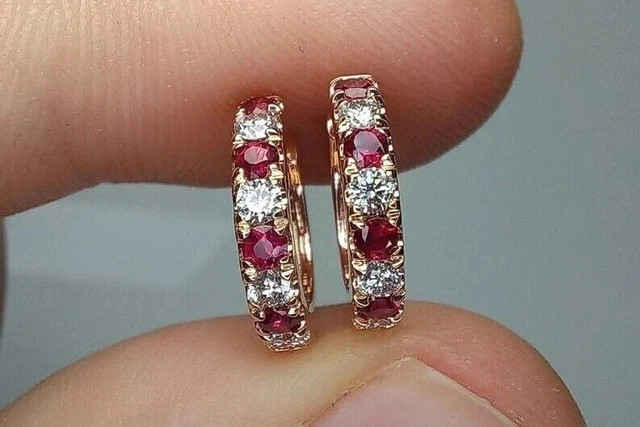 1.50Ct Lab Created Ruby & Diamond Huggie Hoop Earrings In 14K Yellow Gold Finish