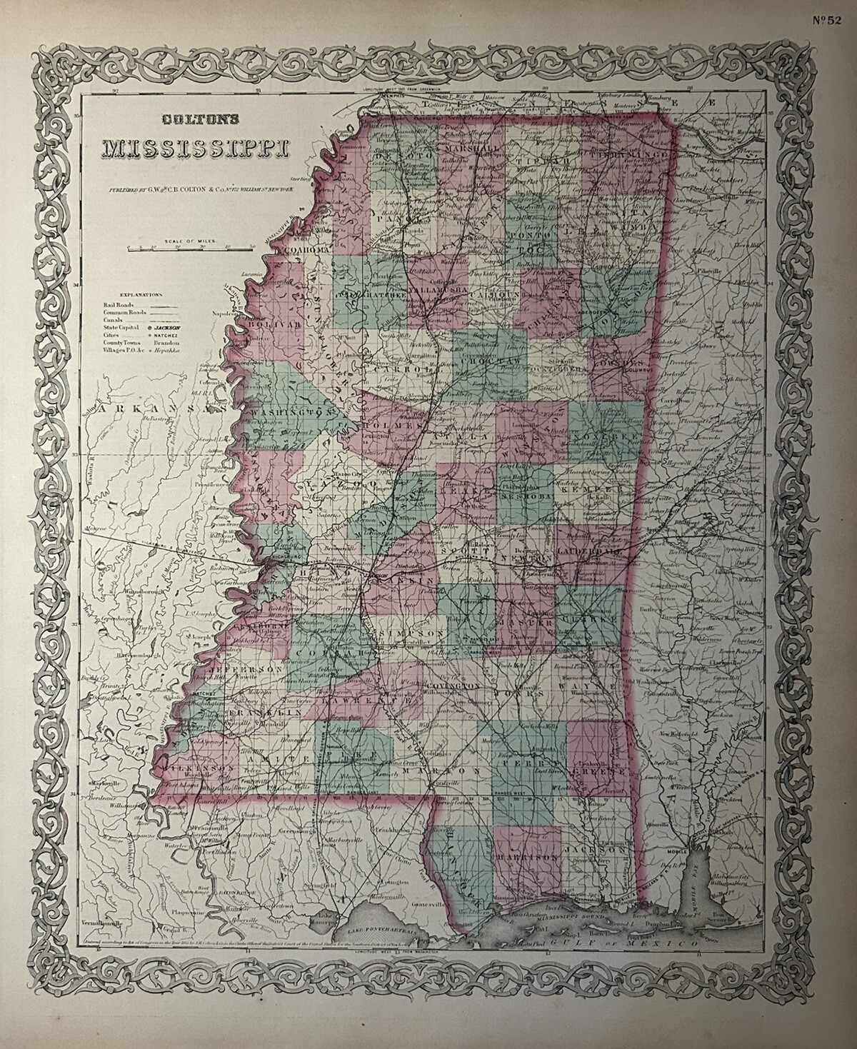 1870 Colton’s Mississippi Original Hand Coloured Antique Map 17″ x 14″
