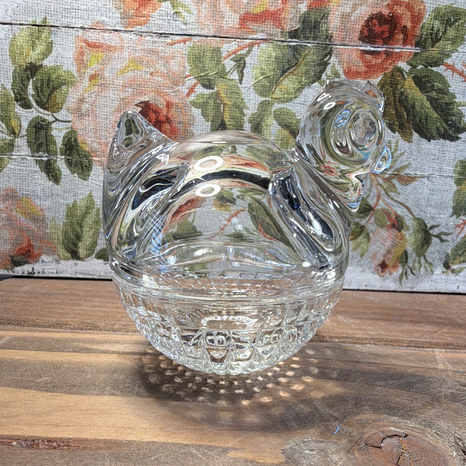 Anchor Hocking mini clear glass hen-on-nest dish. 1940s-1970s