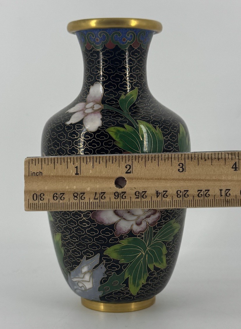Vintage Cloisonné Vase Chinese Copper Black Pink Enamel Floral Peony Butterfly