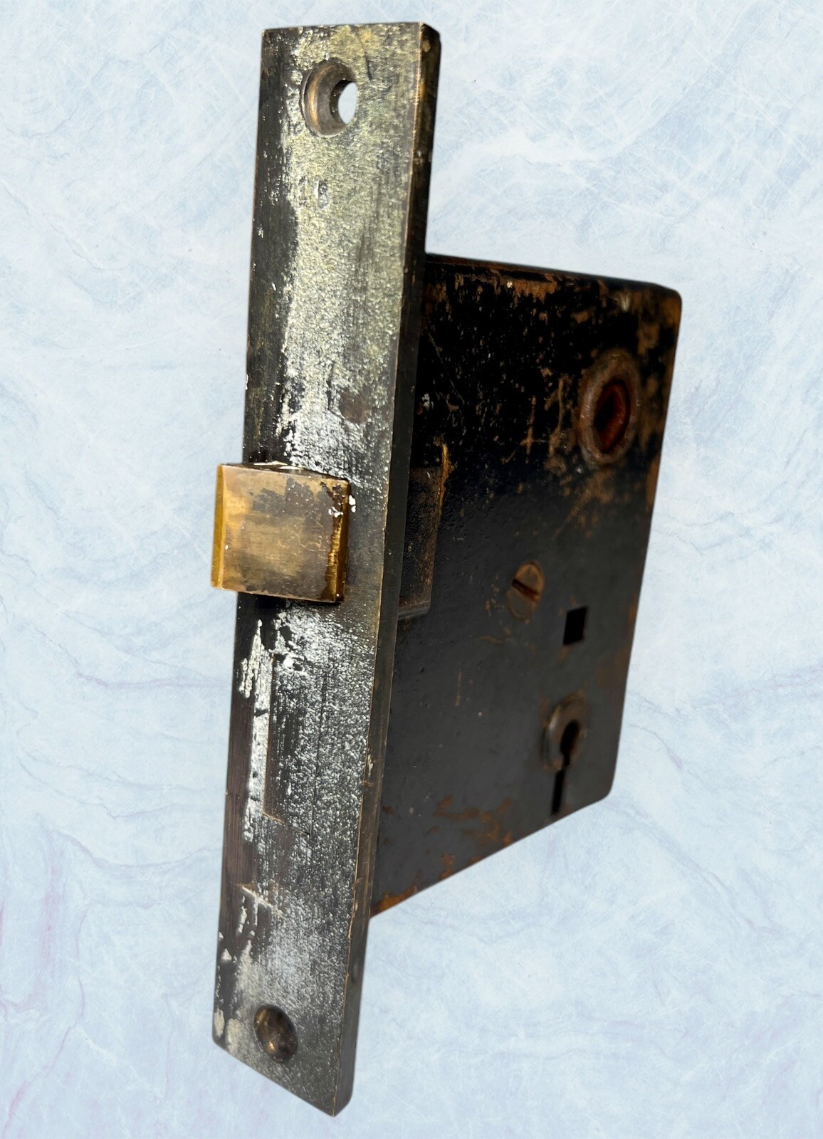 ANTIQUE Cast Iron Mortise Skeleton Key Lock Door BRASS FACE JB SCHRODER Cint OH