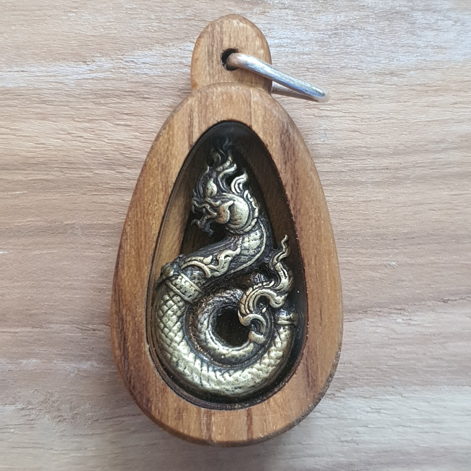 Phaya Naga Thai Amulet Wealth 2010s / CNC Crafted Teakwood Case with Silver Ring