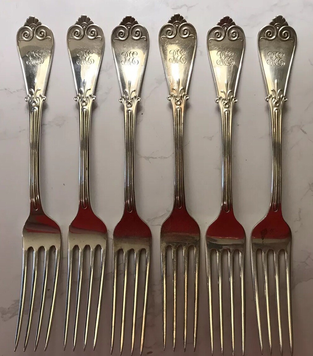 LOT OF 6 TIFFANY CO BEEKMAN PAT 1869 DINNER FORKS 8” Sterling Silver 402gr Mono