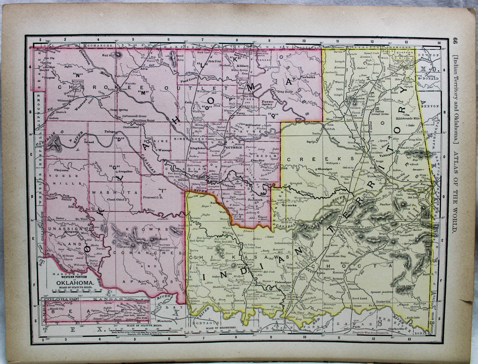 RAND MCNALLY ATLAS MAP PAGE PLATE OF OKLAHOMA INDIAN TERRITORY KANSAS 1895