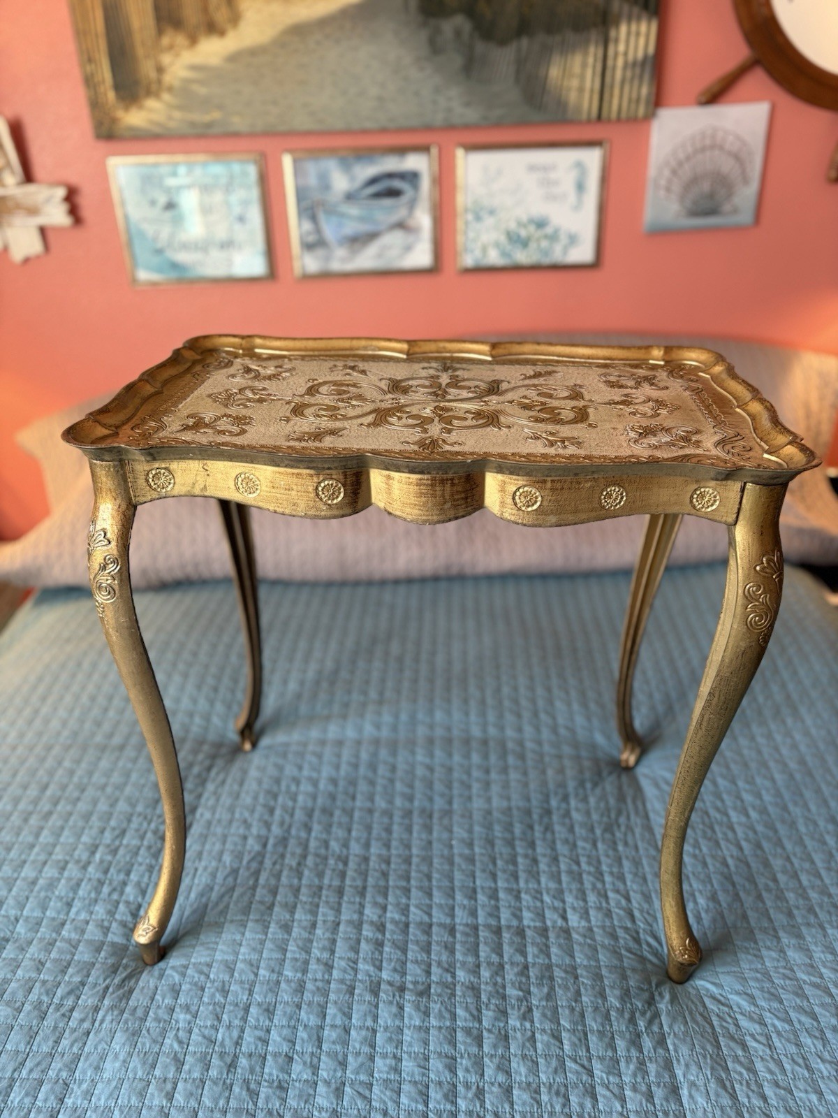 Italian Florentine Gold Gilt Vintage Nesting Table 21” Wide 14” Deep X 21” Tall