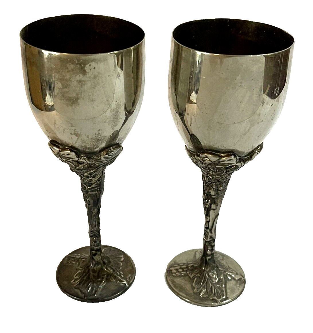 2 Silver Plated Wine Goblets with Grape Stem Design 7.75″