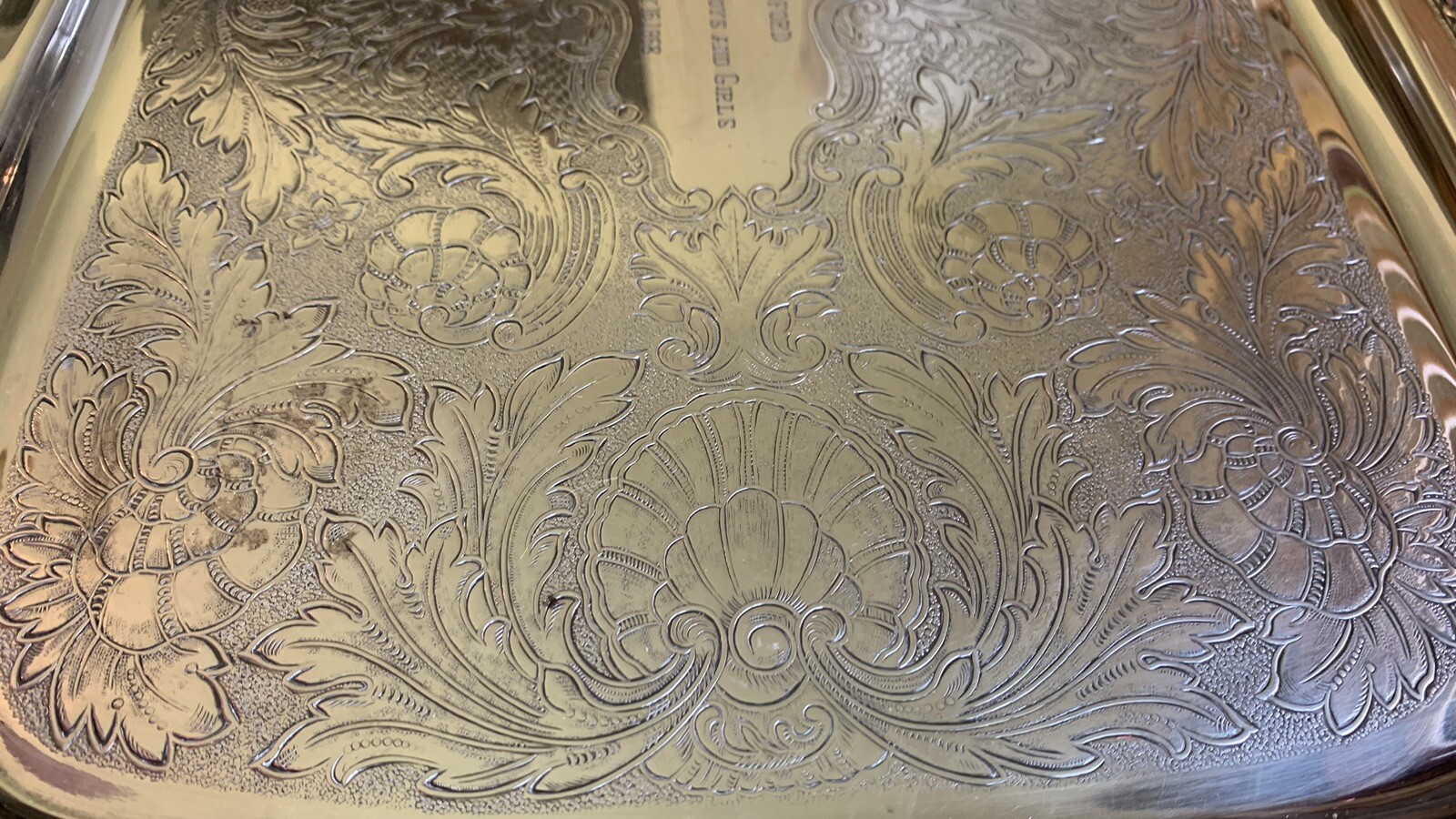 VTG Oneida Silver Plate Serving Tray Henley 23″ Tudor Plate Ornate Waiter Butler