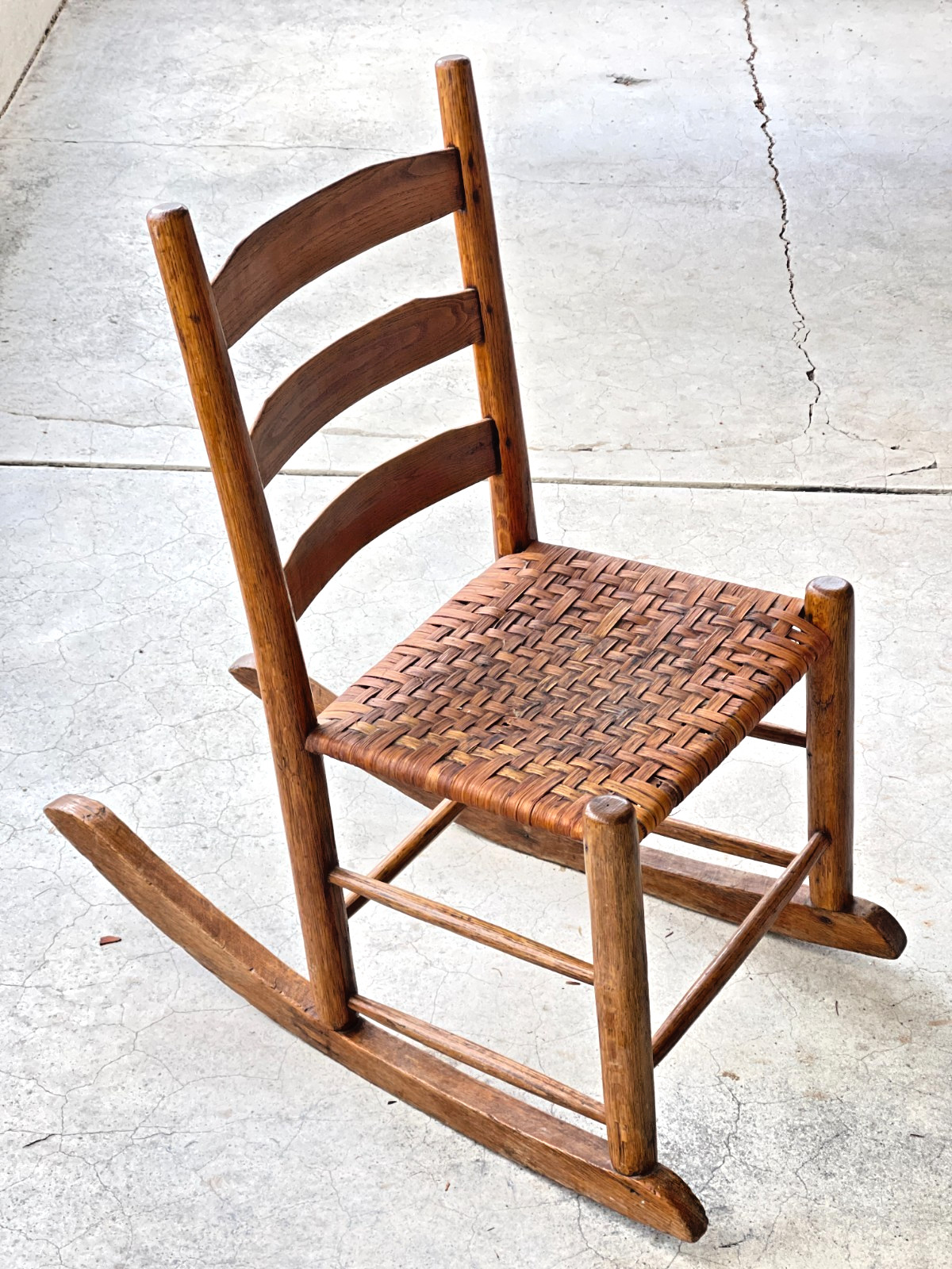 Vintage Child’s Ladder Back Rocking Chair Woven Hickory Splint Seat Primitive