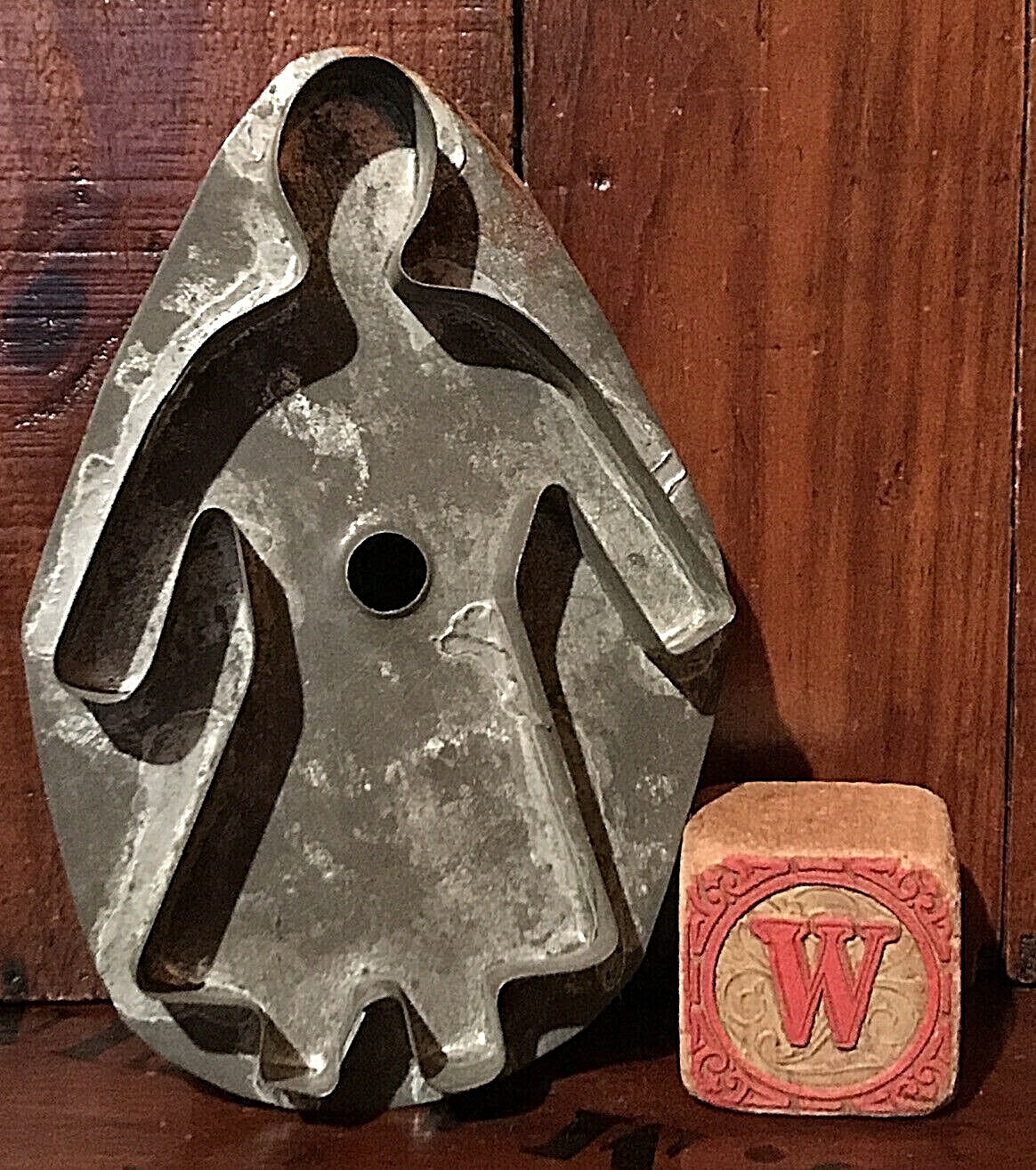 Antique Primitive Large Folky Woman Girl Tin Cookie Cutter & Toy Wood Block AAFA