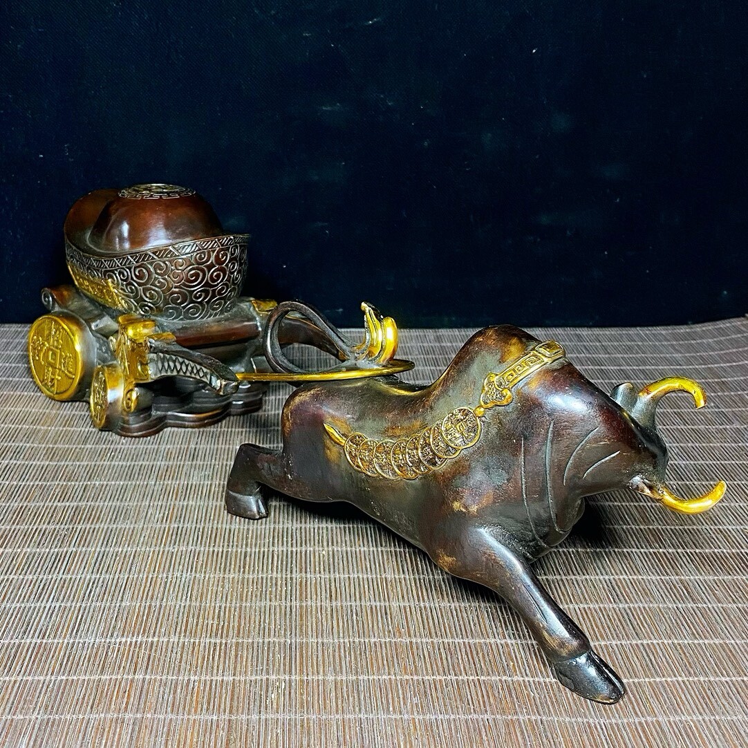 15″ old China antique Fine carving Pure copper Gilding cattle statue
