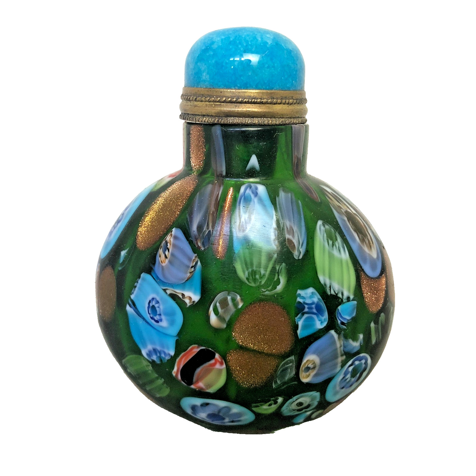 Vintage Chinese Hand Made Glass Snuff Bottle, Turquoise Color Stone Stopper.