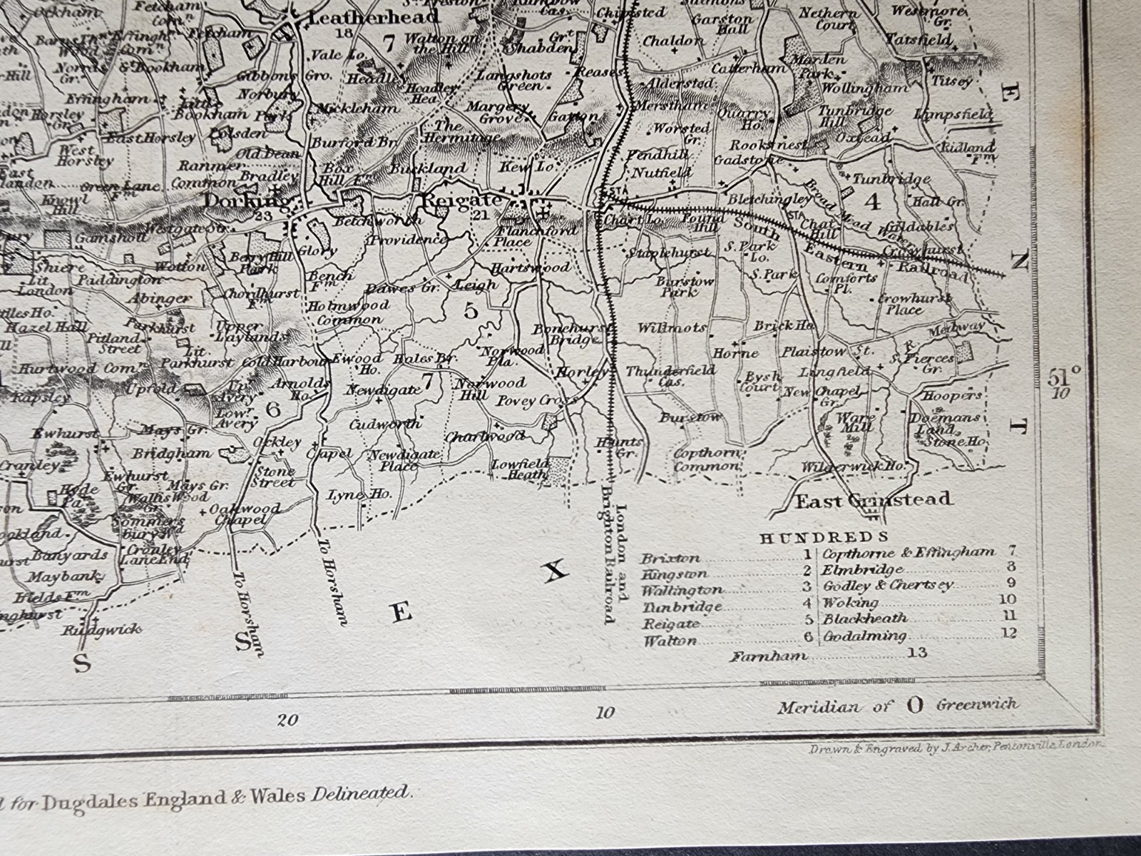 Antique c. 1850 county map – Surrey – Joshua Archer