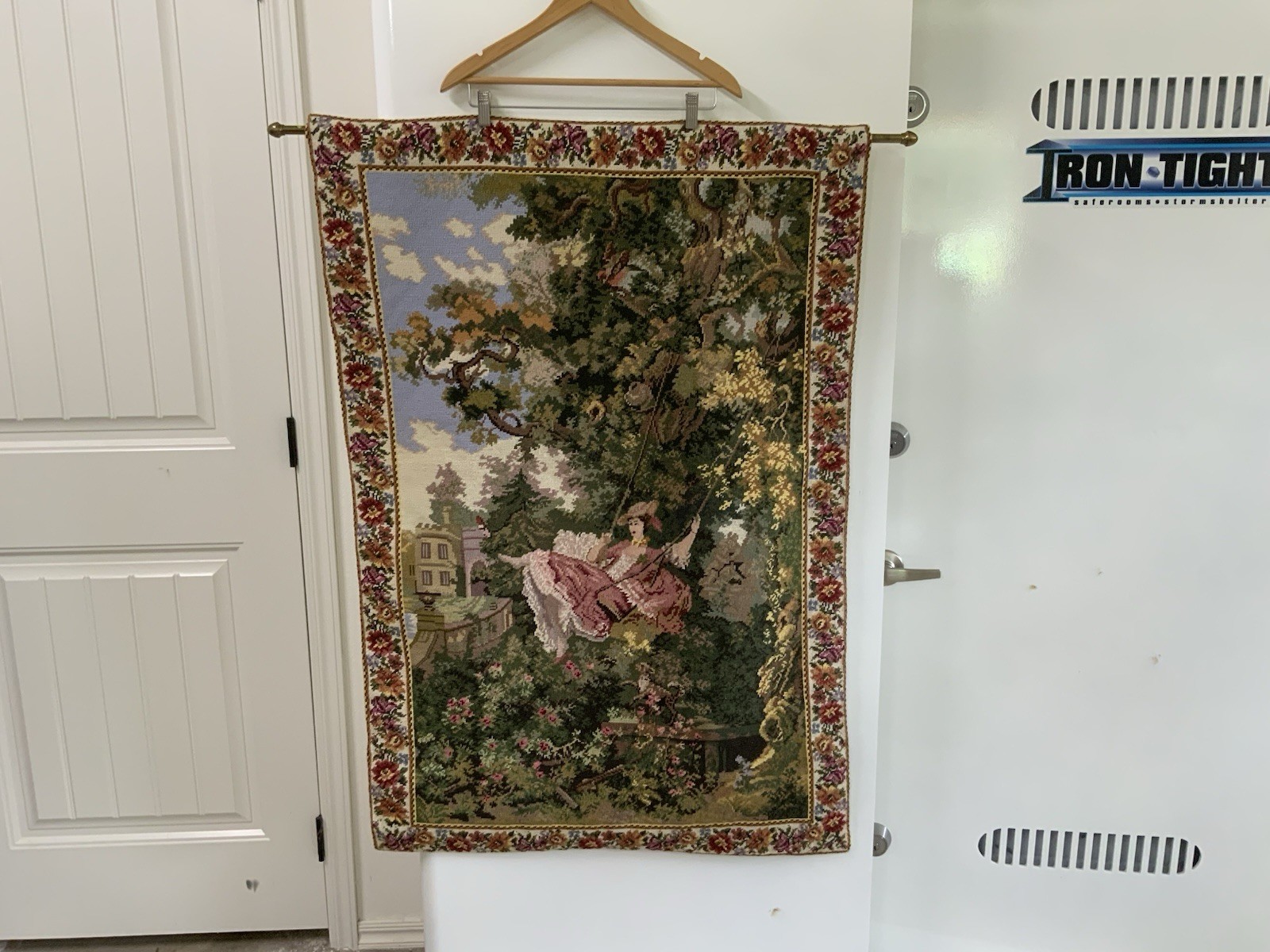 Hand Stitched French Medival Needlepoint Tapestry Woman Swinging 47” L X 31” W