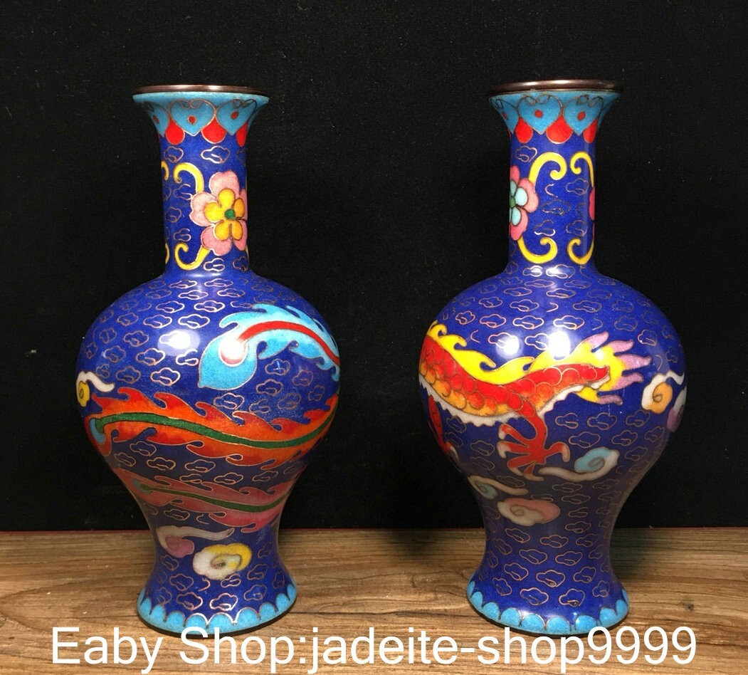7.2″Qianlong Pure Bronze Cloisonne Enamel Dragon Phoenix Animal Bottle Vase Pair