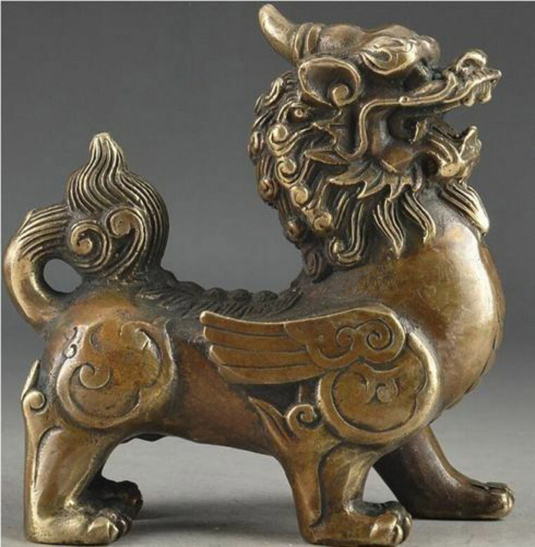 Antiques Handcarved Brass Exorcism Kirin Gather wealth Brave troops pixiu statue