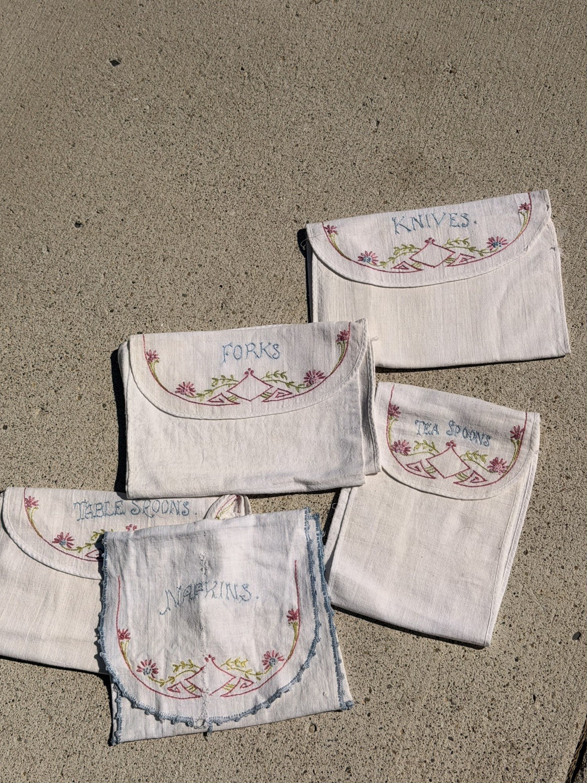Antique Embroidered Linen Silverware Holders Napkins Forks Knives Spoons Lot