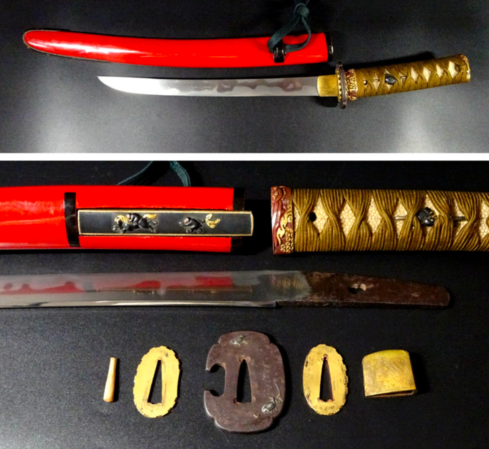TANTO 短刀 “ Mumei ” 無銘 Japanese Sword 27.4 cm Antique 刀 Samurai Red Rare Koshirae
