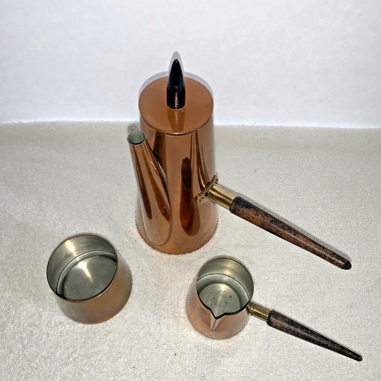 A Mid Century Modern B&M Douro Angular Copper & Teak Coffee Pot Set Portugal 3pc