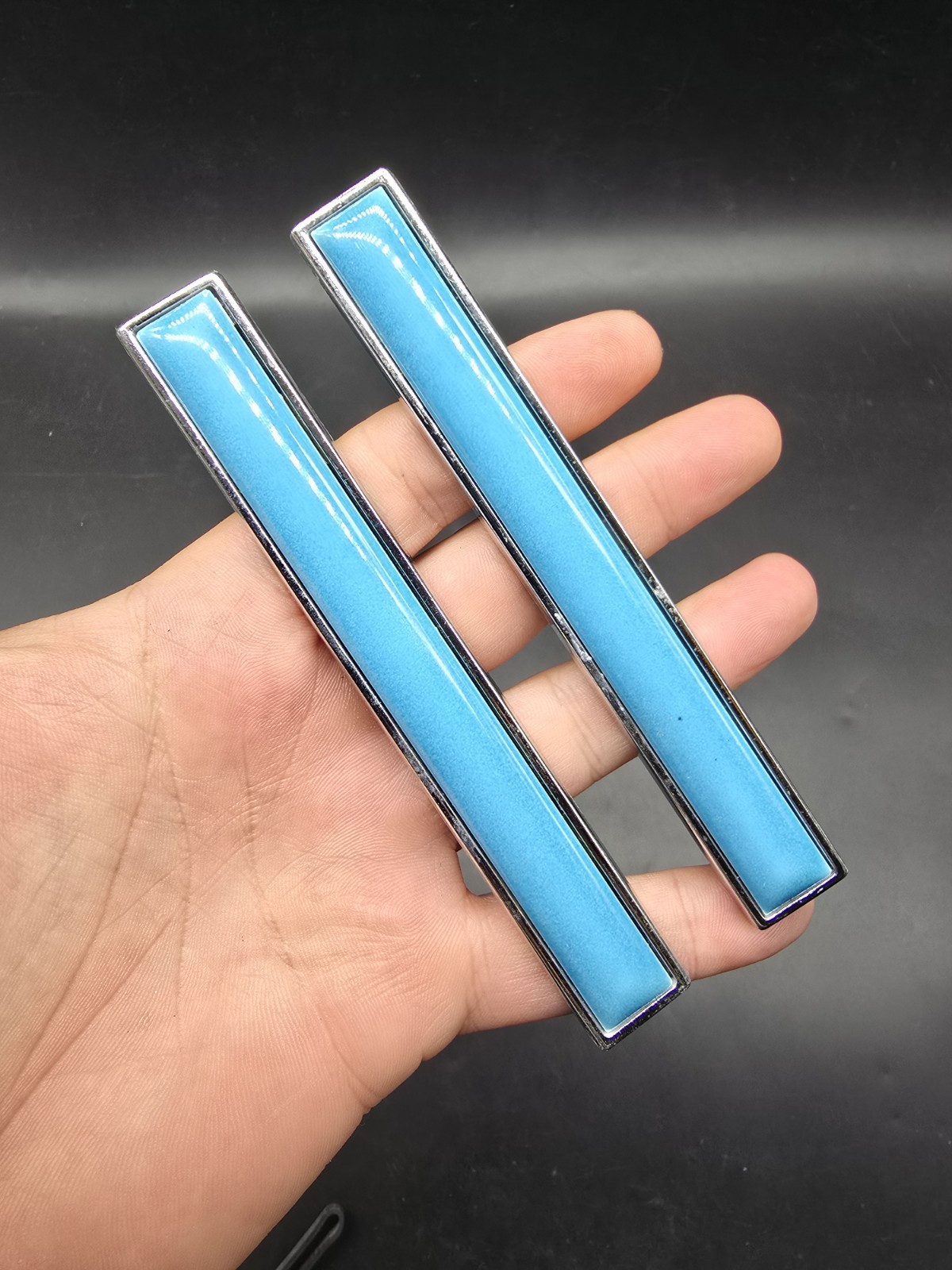 Vintage Pair Drawer Cupboard Handles Chrome Light Blue American Revolution 13cm