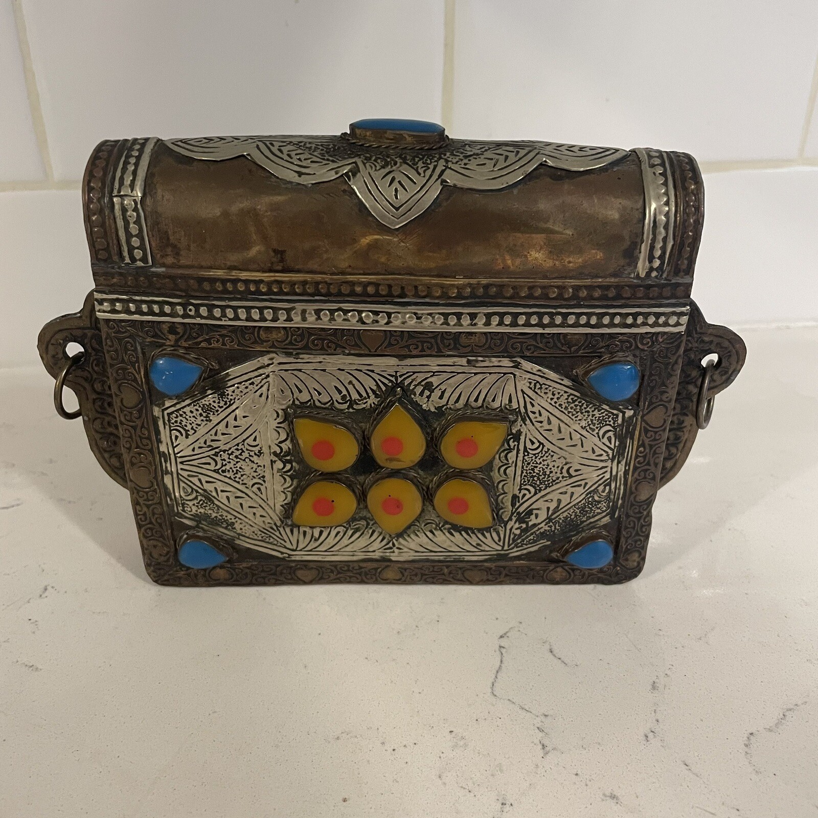 Antique VTG Moroccan Berber Mixed Metals Koran Quran Box Case Holder Stone Inlay