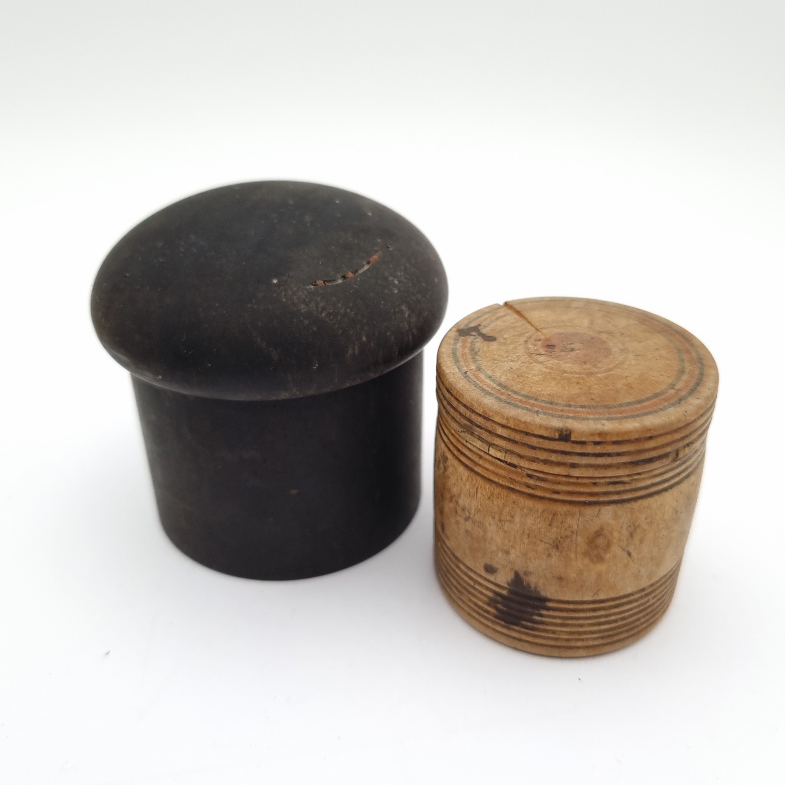 Antique 19th Century Treen Turned Wood Cylinder Box Screw Lid X 2 Ebonised Etc