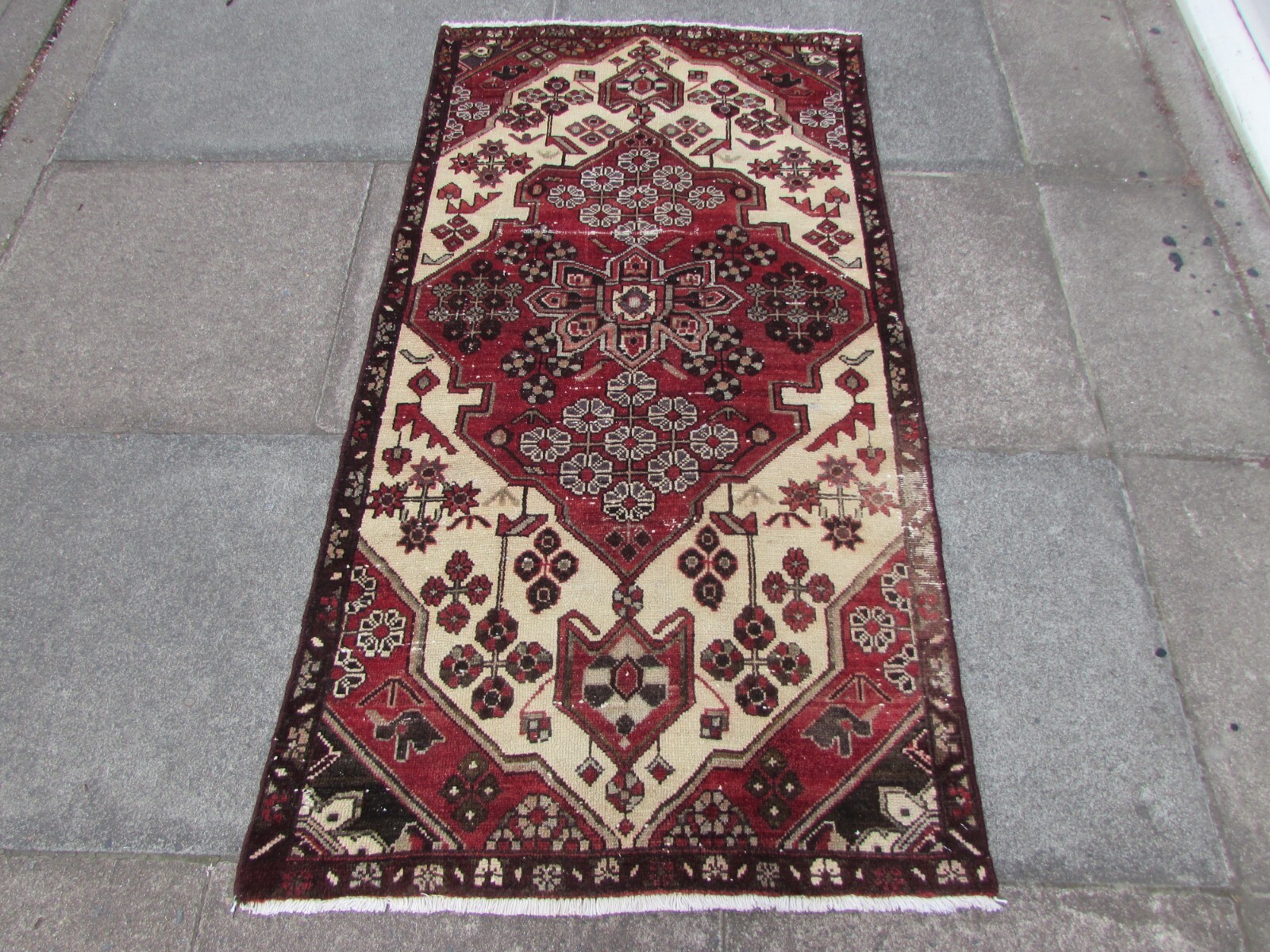 Vintage Worn Hand Made Traditional Oriental Wool White Small Rug Runner 163x86cm