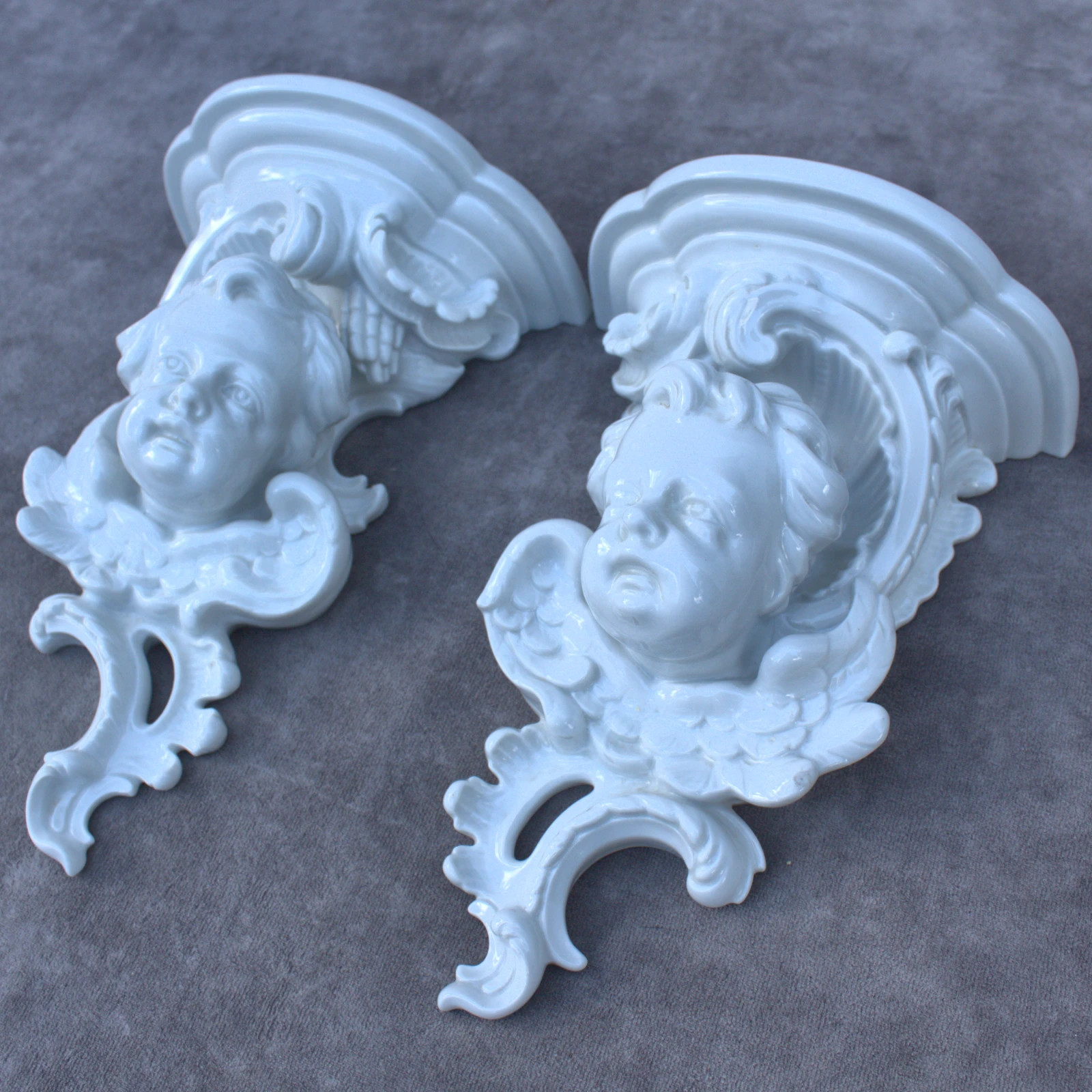 Antique Pair of White Ceramic Wall Consoles Baroque rococo shelves cherubs putti