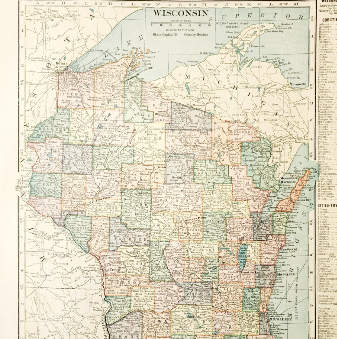 1917 Wisconsin State Map Antique Atlas Of The World WW1 Era US DWUU1A