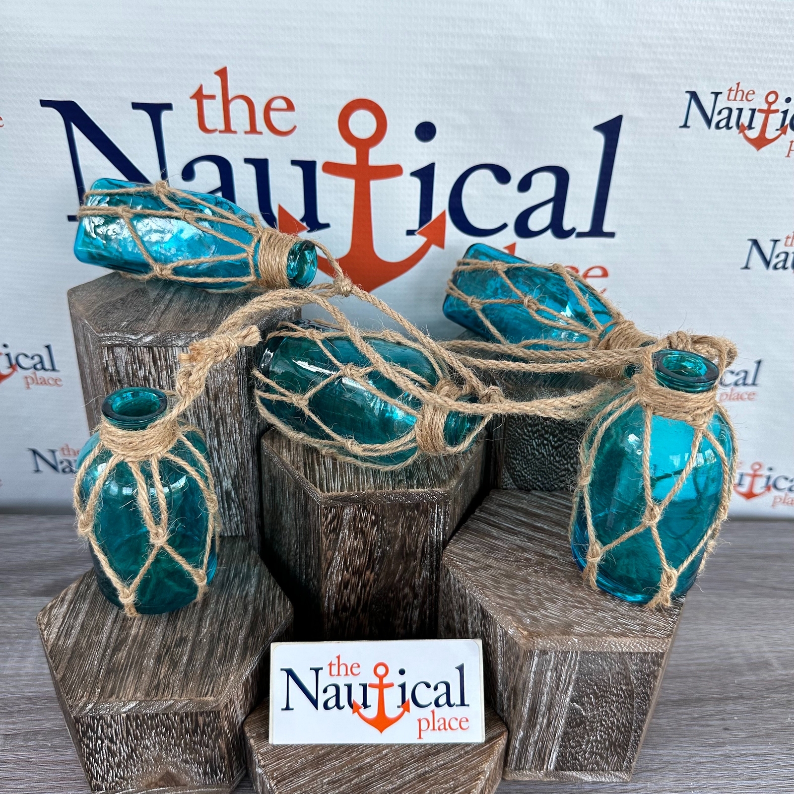 5 – Aqua Glass Bottles On Rope – Nautical Fish Net Buoy Ball Floats, Beach Decor