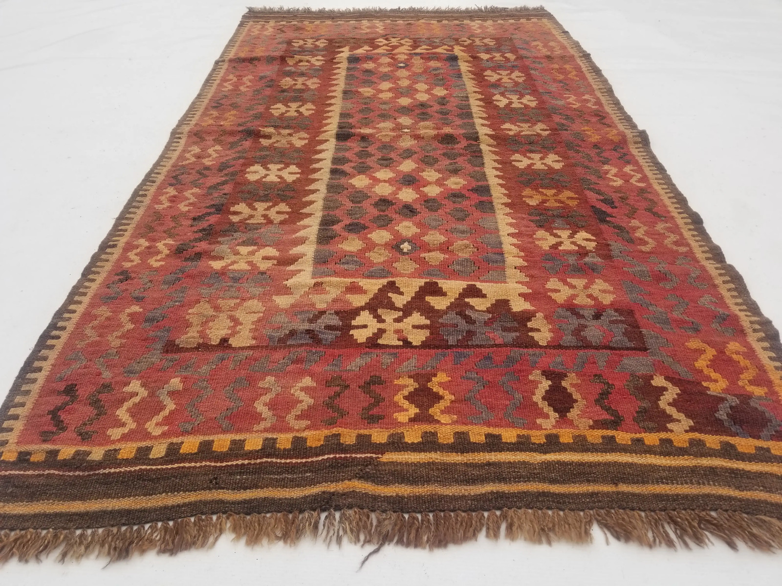 Distressed Vintage Traditional Handmade Afghan Wool Kilim Rug 6.11×3.3ft